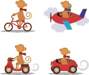 Set - cute monkey with scarf on transport