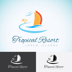 Yacht, Palm trees and sun, travel company logo design template. sea cruise, tropical island or vacation logotype icon