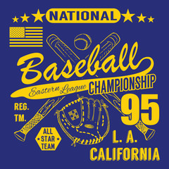 Obraz premium Typografia sportu baseballowego, liga wschodnia los angeles, szkic skrzyżowanych kijów baseballowych i koszulki z rękawiczkami Drukowanie grafiki, ilustracji wektorowych plakat, etykieta z odznaką