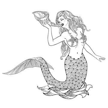 Mythological mermaid or water nymph with horn in hand isolated on white background. The series of mythological creatures