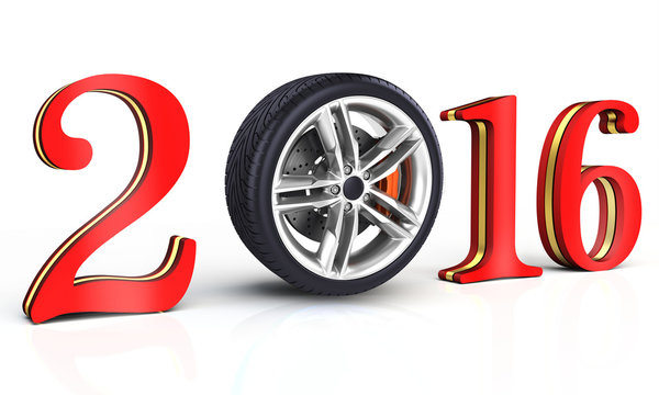 3d happy new year 2016 with car wheel