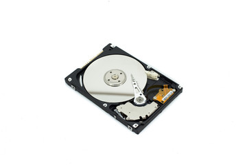 Hard disk read head closeup on a blue background