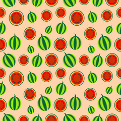 Seamless fruits vector pattern, bright color background with watermelons, whole and half, over pink backdrop