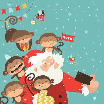 Santa and monkeys take a selfie