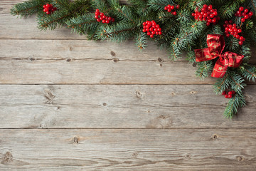 Christmas background with fir branches and red berries