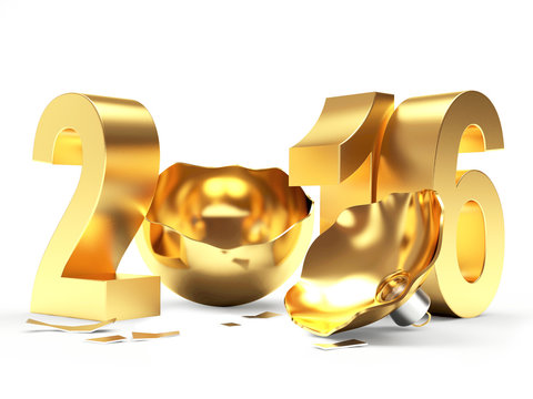 Golden 2016 New Year sign and empty broken Christmas ball isolated on white background