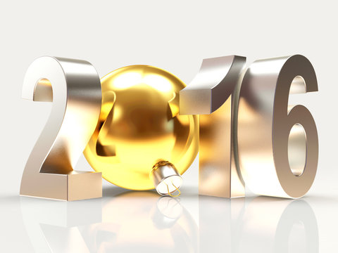 Silver 2016 New Year sign and golden christmas ball with reflection