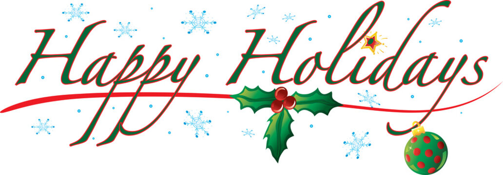 Colorful text with images that says Happy Holidays
