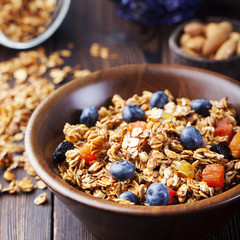 Healthy breakfast. Fresh granola, muesli with berries, honey and milk 