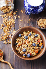 Healthy breakfast. Fresh granola, muesli with berries, honey and milk 