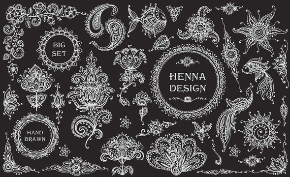 Big vector Set of henna floral and animal elements and frames