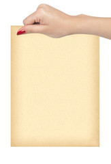 Female hand holding paper blank isolated on white