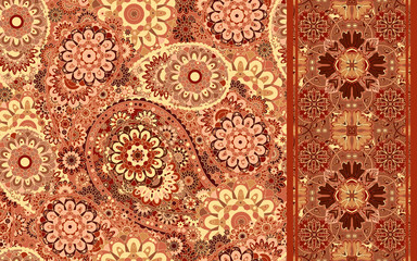 Set of traditional oriental seamless paisley pattern and border. Vintage flowers background. Decorative ornament backdrop for fabric, textile, wrapping paper, card, invitation, wallpaper, web design