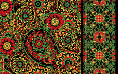 Set of traditional oriental seamless paisley pattern and border. Vintage flowers background. Decorative ornament backdrop for fabric, textile, wrapping paper, card, invitation, wallpaper, web design