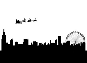 santa flying over the city of chicago