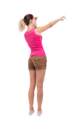 Back view of  pointing woman.