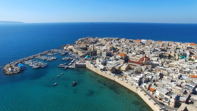 Aerial footage of the Port and old city of Acre, Israel.