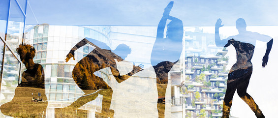 Double exposure of dancers silhouettes and autumnal landscape le