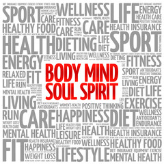 Body Mind Soul Spirit word cloud background, health concept