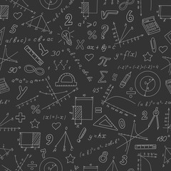 Seamless background with formulas and charts on the topic of mathematics and education, white marker on black background