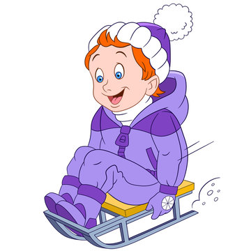 happy cartoon boy sledging down on the snow