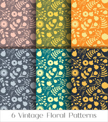 Floral seamless patterns set with doodle flowers and leaves. Vector blooming floral texture for card, wrapping paper, invitation, card, wedding, surface. Gentle vintage autumn vector background.