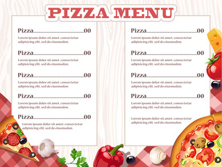 Pizza restaurant menu template with ingredients. Vector illustration.