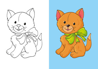 Coloring Book Of Cute Red Kitten With Bow