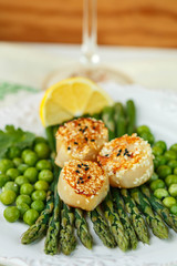 A delicious dinner of roasted scallops, asparagus and green peas
