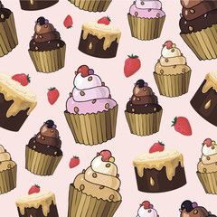 Seamless pattern with cherry cupcakes