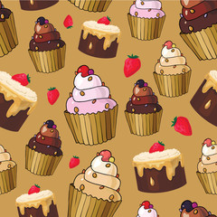 Seamless pattern with cherry cupcakes