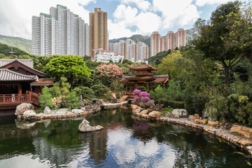 Traditional wooden teahouse and bridge by the pond at the Nan Lian Garden in Hong Kong, China. High-rise apartment buildings in the background.