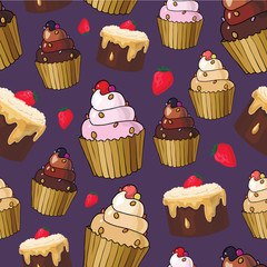 Seamless pattern with cherry cupcakes