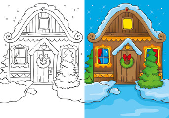 Coloring Book Of Christmas House At Night