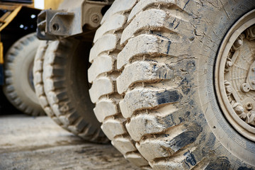 Haul dump truck tire close up