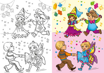 Obraz na płótnie Canvas Coloring Book Of Children In Carnival Costumes