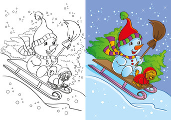 Coloring Book Of Snowman With Dog Rides