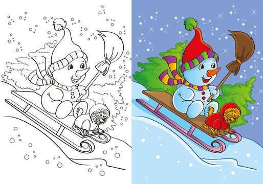 Coloring Book Of Snowman With Dog Rides