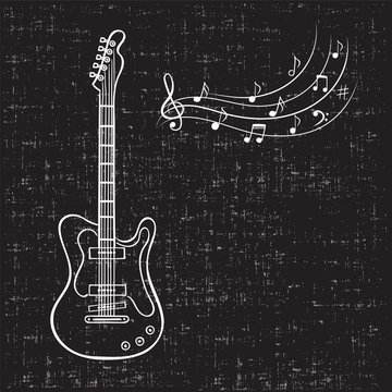 Electric guitar and music notes hand drawn vector. Vintage music background.