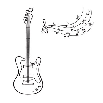 Electric guitar and music notes hand drawn vector. Music background.