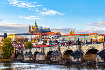 Sunset view of Charles Bridge(Karluv most), Prague Castle (Prazsky hrad) and Vltava river in Prague. Chech Republic