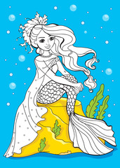 Coloring Book Of Beauty Mermaid Sitting On Stone