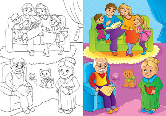 Fototapeta na wymiar Coloring Book Of Whole Family Is At Home