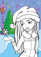 Coloring Book Of  Beautiful Girl Catches Snowflake