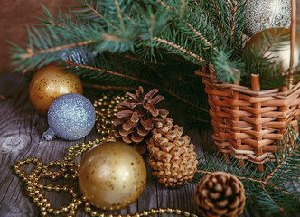 Christmas Arrangement - Christmas balls, cones, beads, baskets