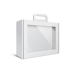 Carton Or Plastic White Blank Package Box With Handle. Briefcase, Case, Folder, Portfolio Case. 