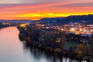 View from the southern tip of Vysehrad fortress on the river Vltava in night, Prague