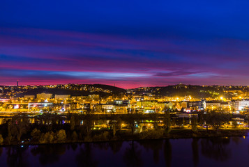 View to the night small district in big city Prague at blue hour, Czech Republic.