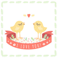 Yellow cute baby chickens in love vector background. Saint Valentine's card. Perfect for your loved ones.