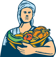 Naklejka premium Lady Organic Farmer Produce Harvest Woodcut